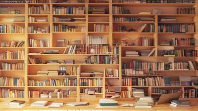 学习资源类福利网站展示页面，海量免费课程与电子书资源整齐排列，背景为暖色调书架，适合学生和职场人士提升技能